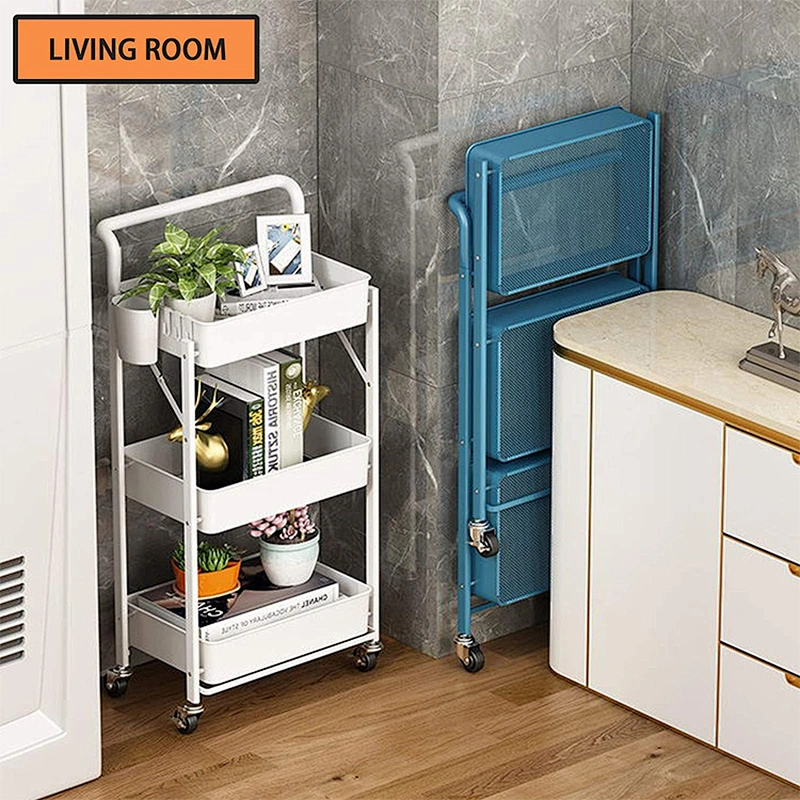 Folding movable metal home kitchen island slim 3 tier trolley storage rack organizer utility rolling cart