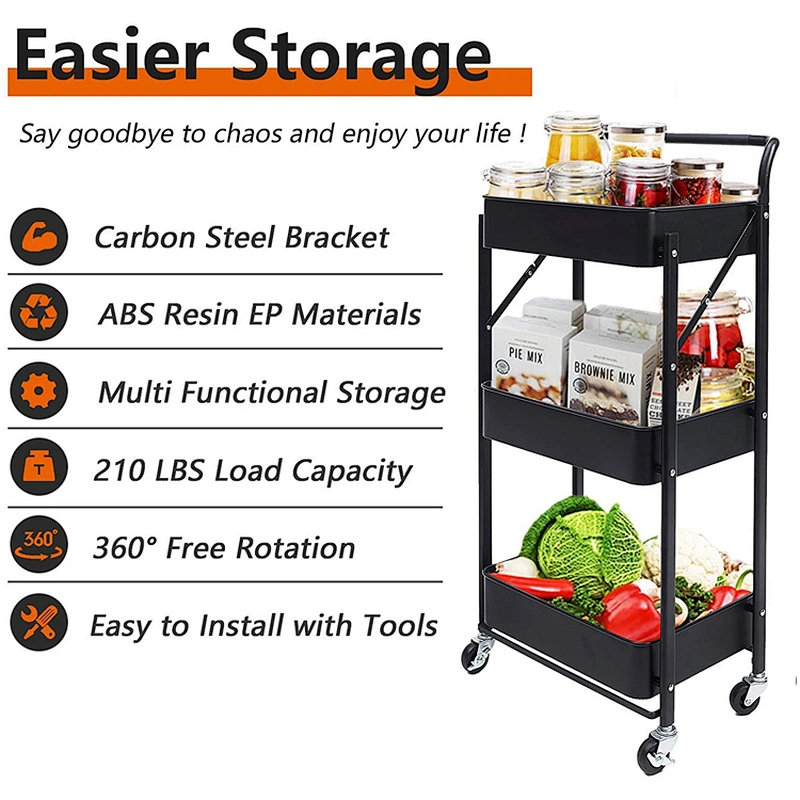 Folding movable metal home kitchen island slim 3 tier trolley storage rack organizer utility rolling cart