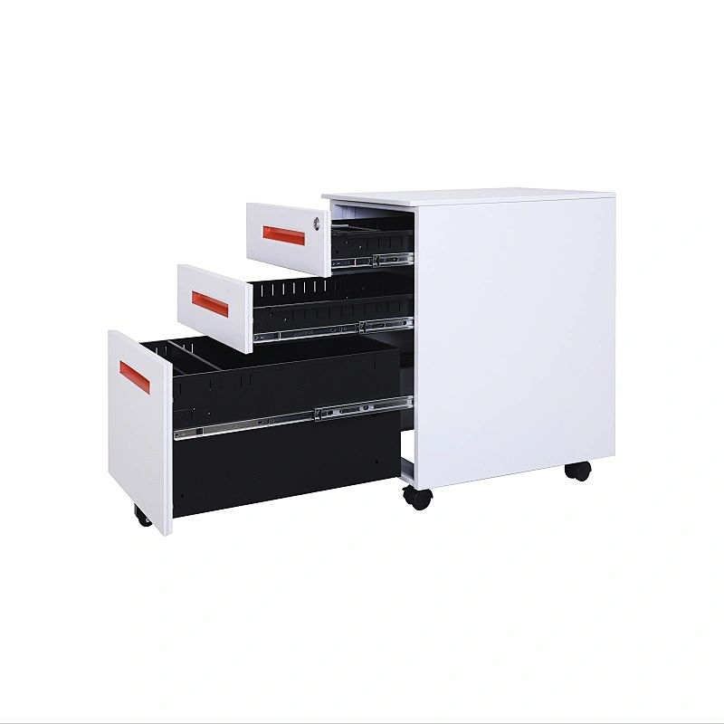 Office widely use red internal handle thin edge 3 drawer steel mobile pedestal storage cabinet australia