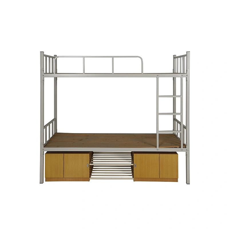 Military metal frame and plywood bunk beds with desk and wardrobe