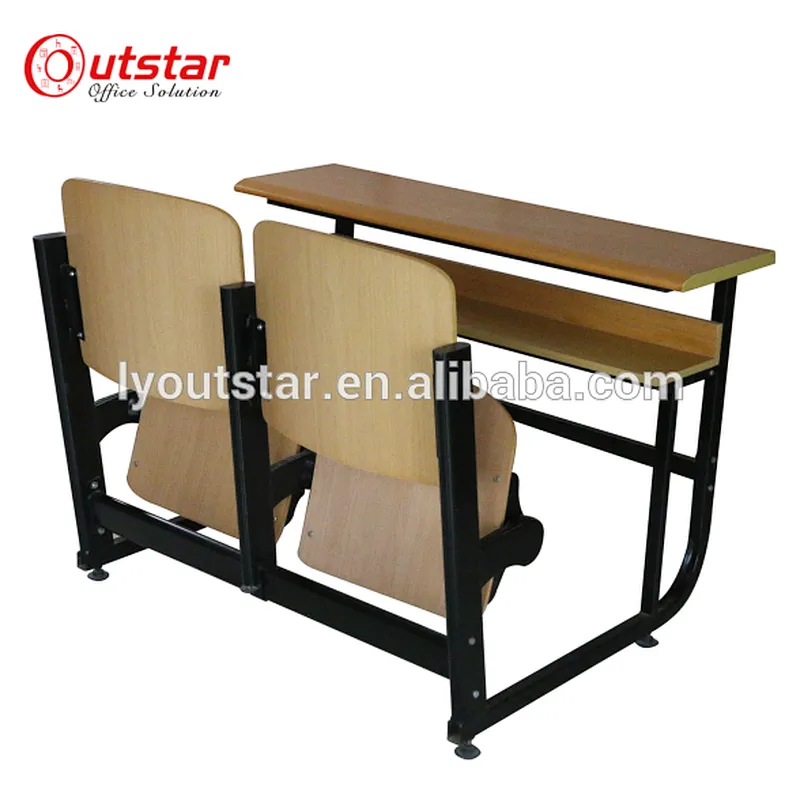 metal frame and wood combined double school desk and chair with back student tables with benches