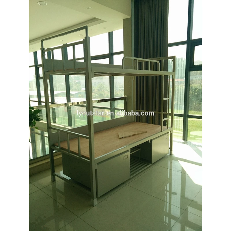 Modern school dormitory heavy duty stainless bunk bed solid wood wardrobe