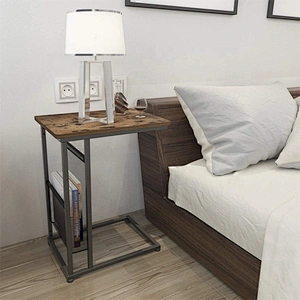 Amazon hot selling modern design metal wood c shaped sofa side end table snack table for bed