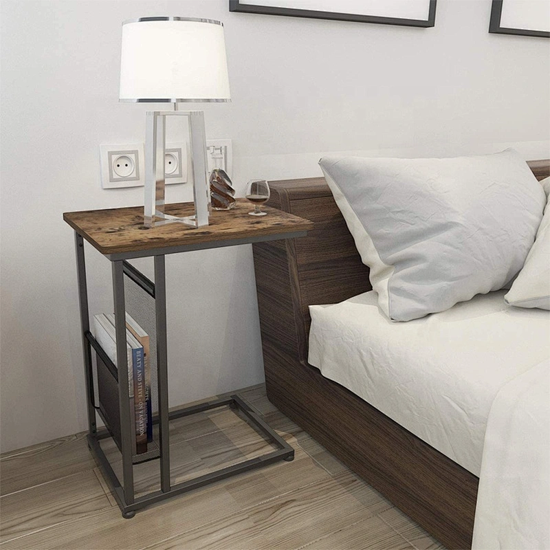 Amazon hot selling modern design metal wood c shaped sofa side end table snack table for bed