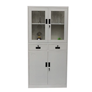 Library 2 movable shelf key lock iron cupboard with 2 drawers
