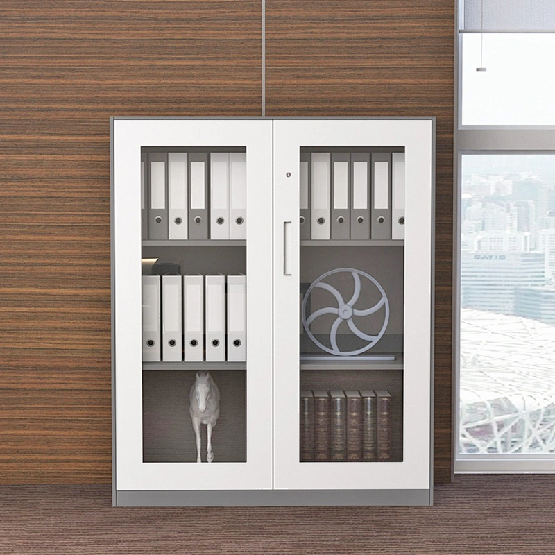 Modern stylish office storage furniture half height swing glass door thin-edged steel file cabinet