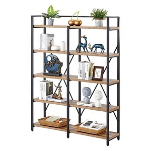 Metal frame 5 tier simple design flower shelf ladder wooden bookcase bookshelf