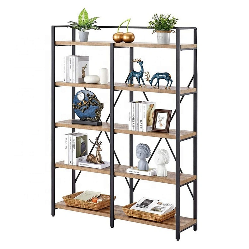 Metal frame 5 tier simple design flower shelf ladder wooden bookcase bookshelf