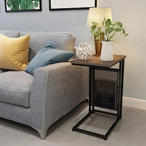Amazon hot selling modern design metal wood c shaped sofa side end table snack table for bed