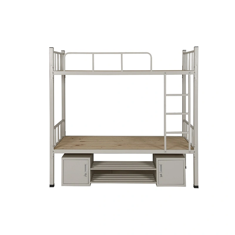 Military metal frame and plywood bunk beds with desk and wardrobe