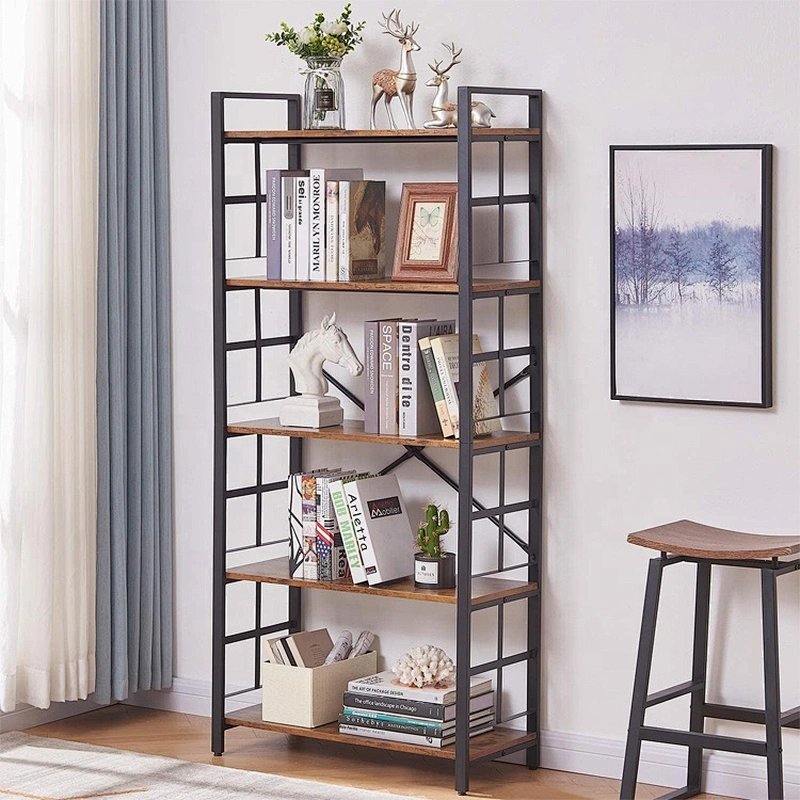 Metal frame 5 tier simple design flower shelf ladder wooden bookcase bookshelf
