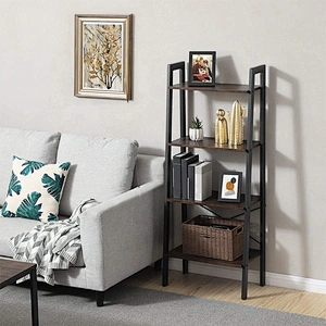 Metal frame 5 tier simple design flower shelf ladder wooden bookcase bookshelf
