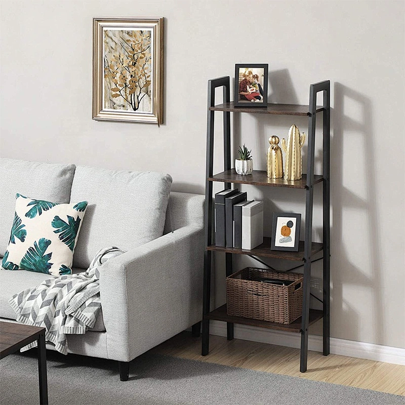 Metal frame 5 tier simple design flower shelf ladder wooden bookcase bookshelf