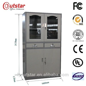 Library 2 movable shelf key lock iron cupboard with 2 drawers