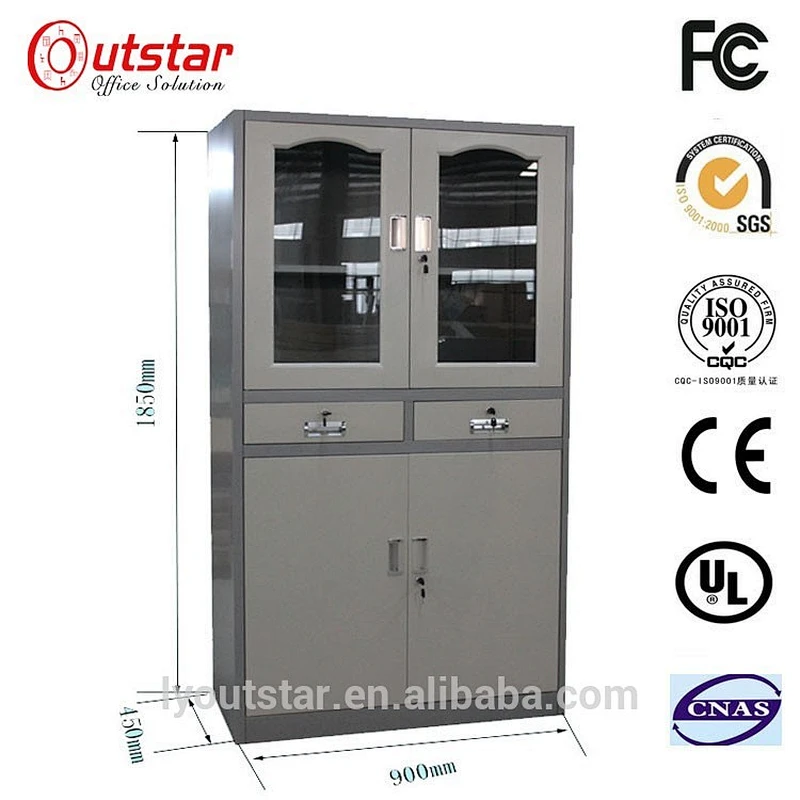 Library 2 movable shelf key lock iron cupboard with 2 drawers