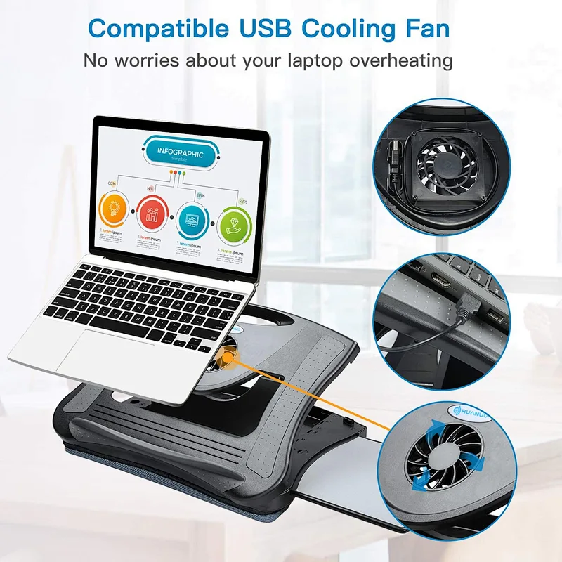 Adjustable Lap Desk with Cooling Fan, Fits 15.6 Inch Laptops, Comfortable Laptop Desk Stand with 5 Adjustable Angles
