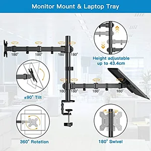 Laptop Monitor Mount Stand with Keyboard Tray, Adjustable Notebook Desk Mount with Clamp and Grommet Mounting Base for 13 to 27