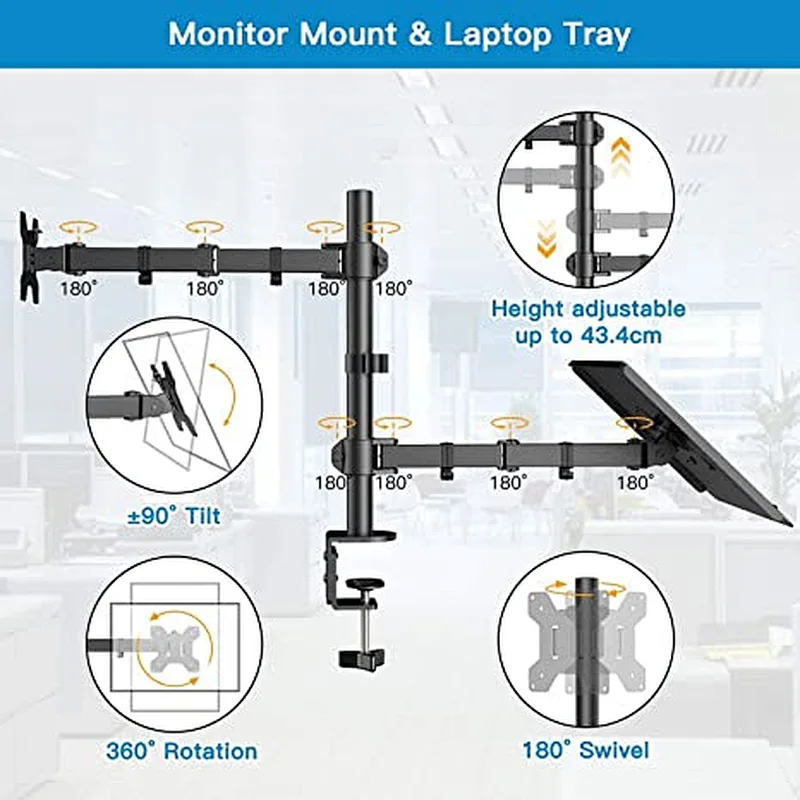 Laptop Monitor Mount Stand with Keyboard Tray, Adjustable Notebook Desk Mount with Clamp and Grommet Mounting Base for 13 to 27