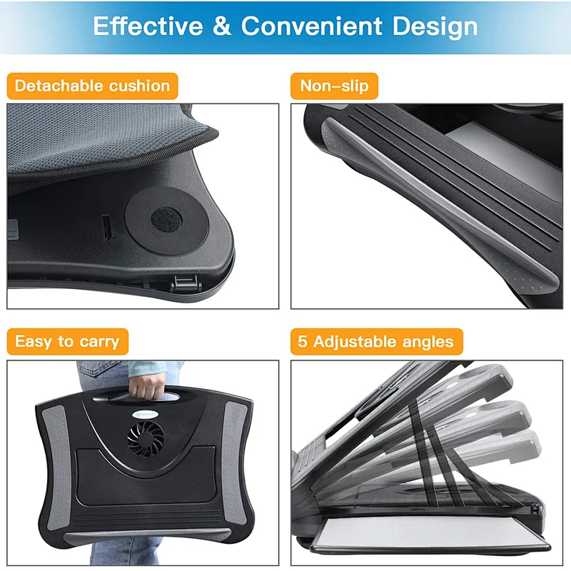 Adjustable Lap Desk with Cooling Fan, Fits 15.6 Inch Laptops, Comfortable Laptop Desk Stand with 5 Adjustable Angles