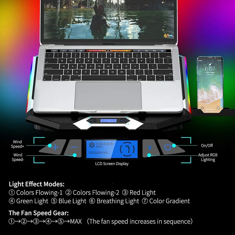 RGB Laptop Cooler For Laptop 12-18 Inch Six Fans LCD Screen Laptop Cooling stand Adjustable