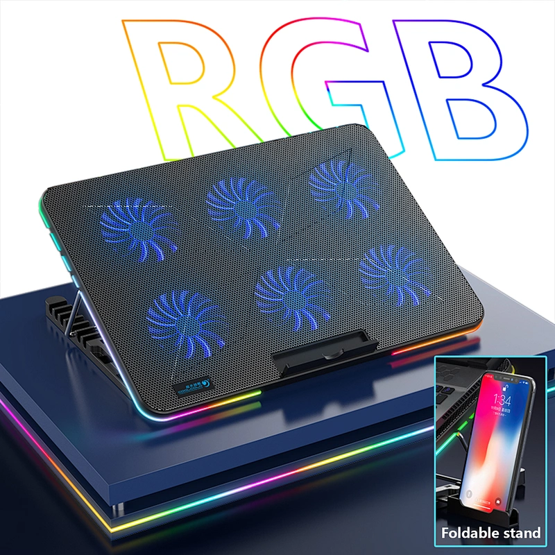 RGB Gaming Laptop Cooler 12-17 Inch,Six Fan Cooling Bracket With Led Screen,Notebook Cool Stand Two USB Ports