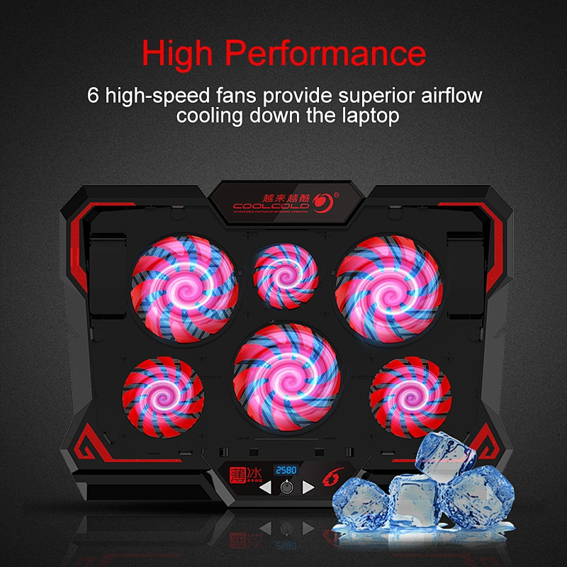Gaming Laptop Cooler Notebook Cooling Pad 6 Silent Red Blue LED Fans Powerful Air Flow Portable Adjustable Laptop Stand