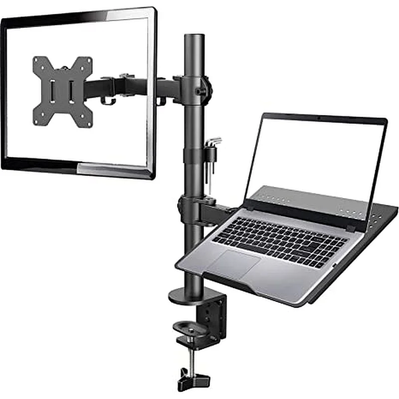 Laptop Monitor Mount Stand with Keyboard Tray, Adjustable Notebook Desk Mount with Clamp and Grommet Mounting Base for 13 to 27