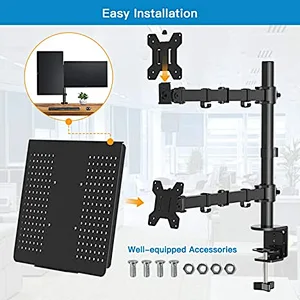 Laptop Monitor Mount Stand with Keyboard Tray, Adjustable Notebook Desk Mount with Clamp and Grommet Mounting Base for 13 to 27