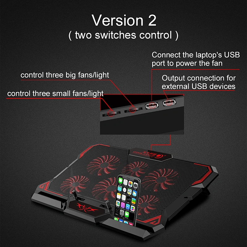 Gaming Laptop Cooler Notebook Cooling Pad 6 Silent Red Blue LED Fans Powerful Air Flow Portable Adjustable Laptop Stand