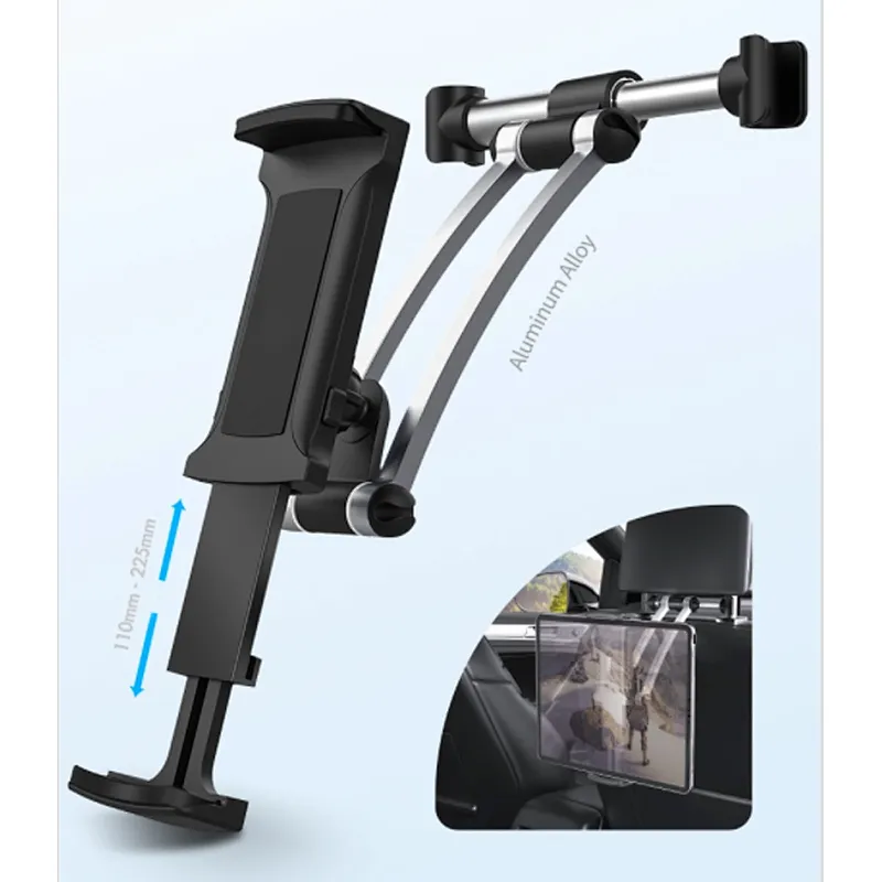 Aluminum Car Tablet Phone Headrest Mount, Long Arm, Adjustable Backseat Tablet phone Holder Stand ,from 5-11inch