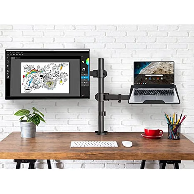 Laptop Monitor Mount Stand with Keyboard Tray, Adjustable Notebook Desk Mount with Clamp and Grommet Mounting Base for 13 to 27