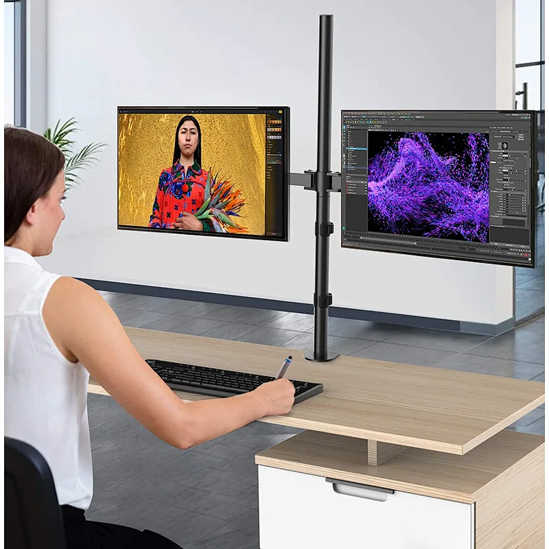 MG Extra Tall Dual Monitor Stand Up Desk Mount Extra Tall 32 inch Pole Fully Adjustable Stand for up to 27 inch Screens