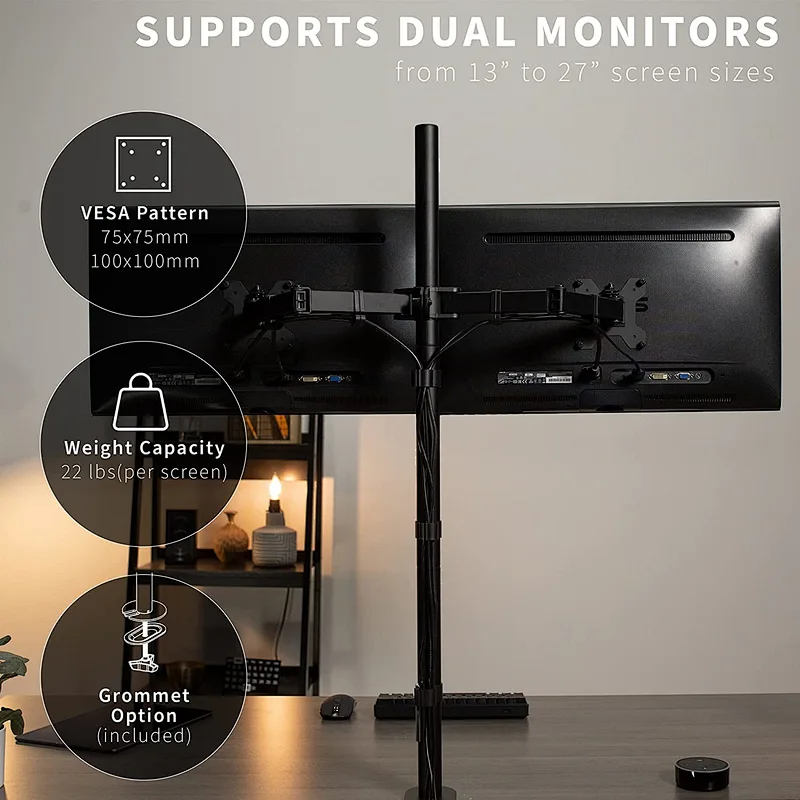 MG Extra Tall Dual Monitor Stand Up Desk Mount Extra Tall 32 inch Pole Fully Adjustable Stand for up to 27 inch Screens