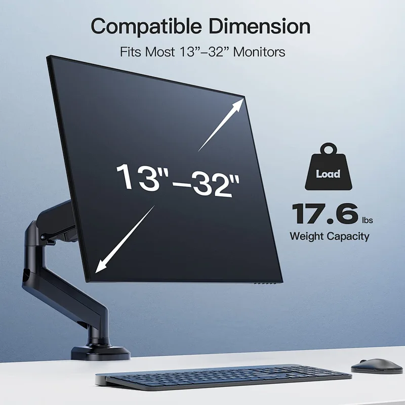 MG Single Monitor Stand Gas Spring Single Arm Monitor Stand for 13 to 32 Inch Screen with Clamp Grommet Mounting Base