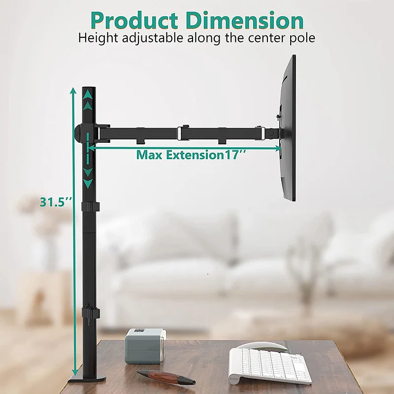MG Extra Tall Single Monitor Desk Mount Stand with 32 inch Pole Features Full Adjustable Tilt and Articulation Holds 13 to 32