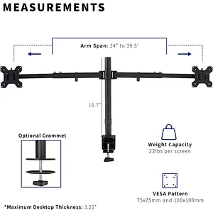 MG Premium Dual Ultra Wide LCD LED 27 to 38 inch Monitor Desk Mount Heavy Duty Adjustable Telescoping Arms Fits 2 Screens