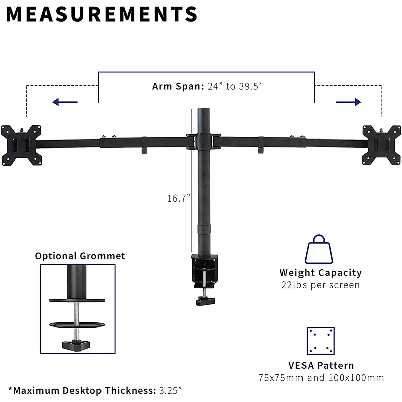 MG Premium Dual Ultra Wide LCD LED 27 to 38 inch Monitor Desk Mount Heavy Duty Adjustable Telescoping Arms Fits 2 Screens