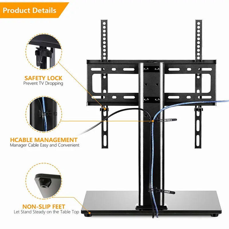 MG Universal Swivel Height Adjustable TV Stand  Heavy Duty Tempered Glass Base Table top TV Base  Replacement