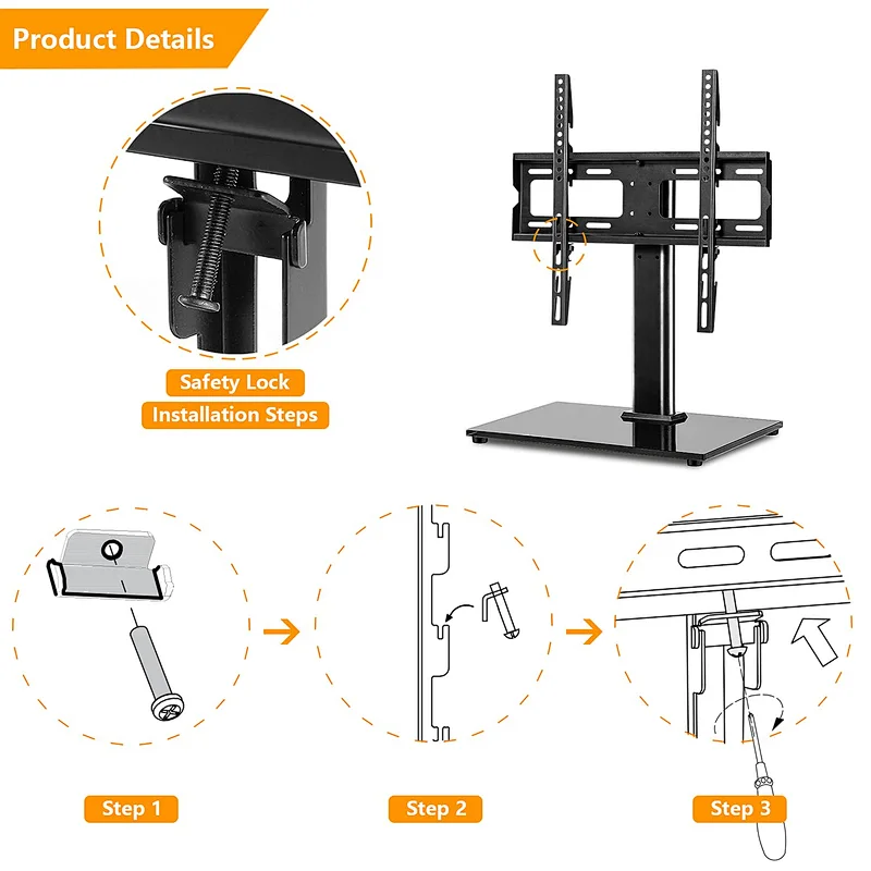 MG Universal Swivel Height Adjustable TV Stand  Heavy Duty Tempered Glass Base Table top TV Base  Replacement