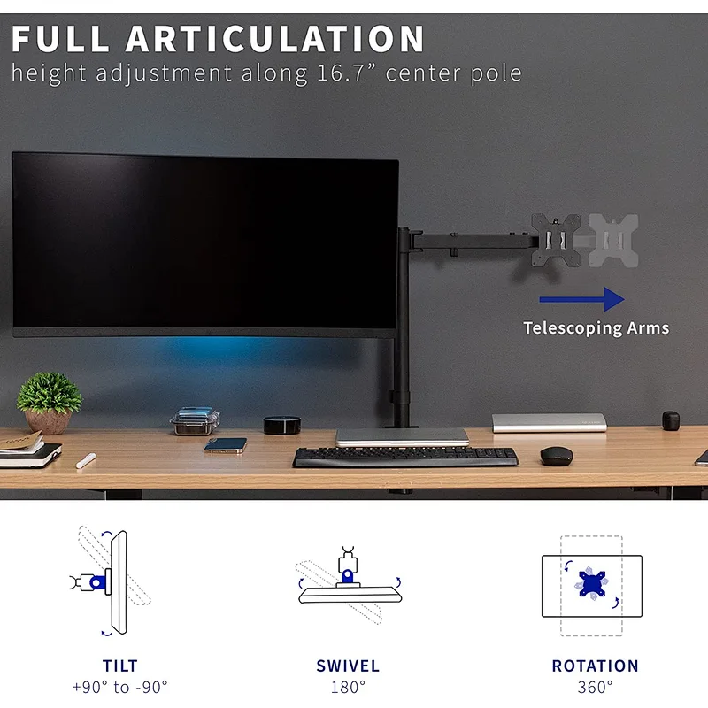 MG Premium Dual Ultra Wide LCD LED 27 to 38 inch Monitor Desk Mount Heavy Duty Adjustable Telescoping Arms Fits 2 Screens