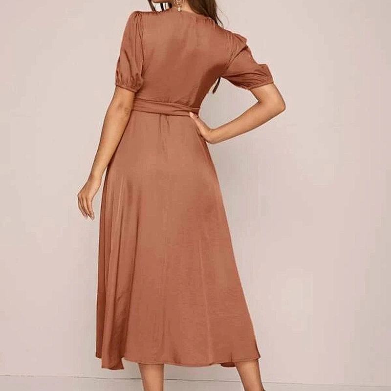 2021 New Arrival Twist Front Puff Sleeve Self Tie Dress Sexy Cusual Lady Dress