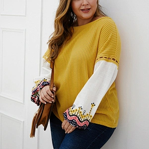 Amazon Top Women Plus Size Patchwork Embroidered Sweater Tops Long Sleeve Pullover Blouse