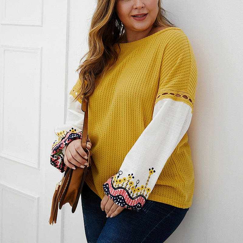 Amazon Top Women Plus Size Patchwork Embroidered Sweater Tops Long Sleeve Pullover Blouse