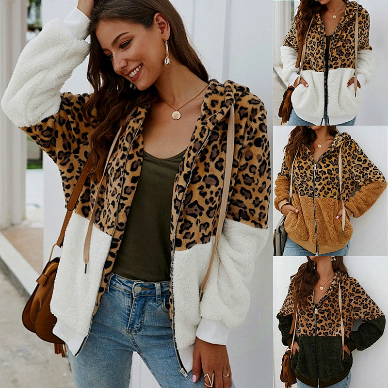Womens Two Side Belt Teddy Coat Full Zipper Leopard Pattern Sherpa Fleece Hoodies Pullover