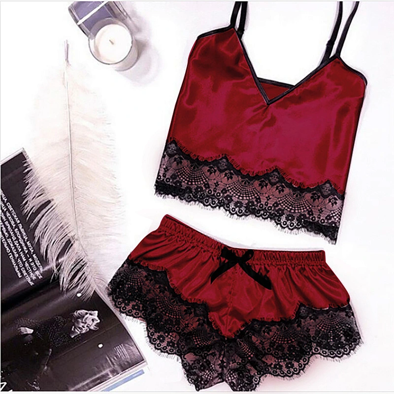 2021Amazon Womens pajamas  Silk pajamas set 2pcs Floral lace Trim Satin with robe