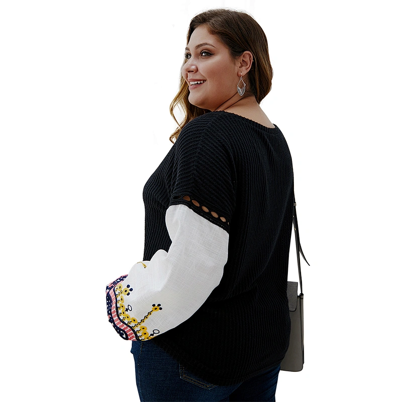 Amazon Top Women Plus Size Patchwork Embroidered Sweater Tops Long Sleeve Pullover Blouse