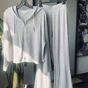 New spring summer women hooded long sleeves wide legging casual set soft knit pyjamas set