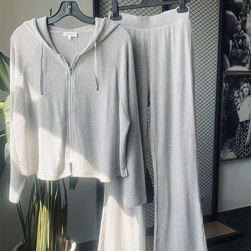 New spring summer women hooded long sleeves wide legging casual set soft knit pyjamas set