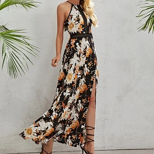 2021 New Arrival Tie Back Lace Insert Split Thigh Floral Cami Dress Travel Style