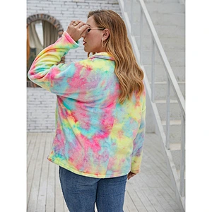 Womens Fuzzy Plus Size Full Zipper Tie Dye Sherpa Polar Fleece Pullover (L-4XL)